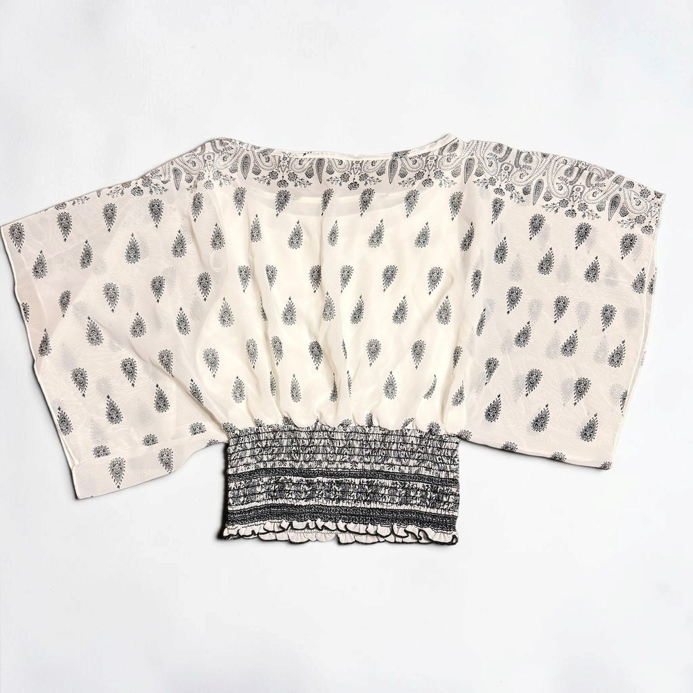 Papaya Paisley Blouse Smocked Waist Cream Black S Boho Chic
